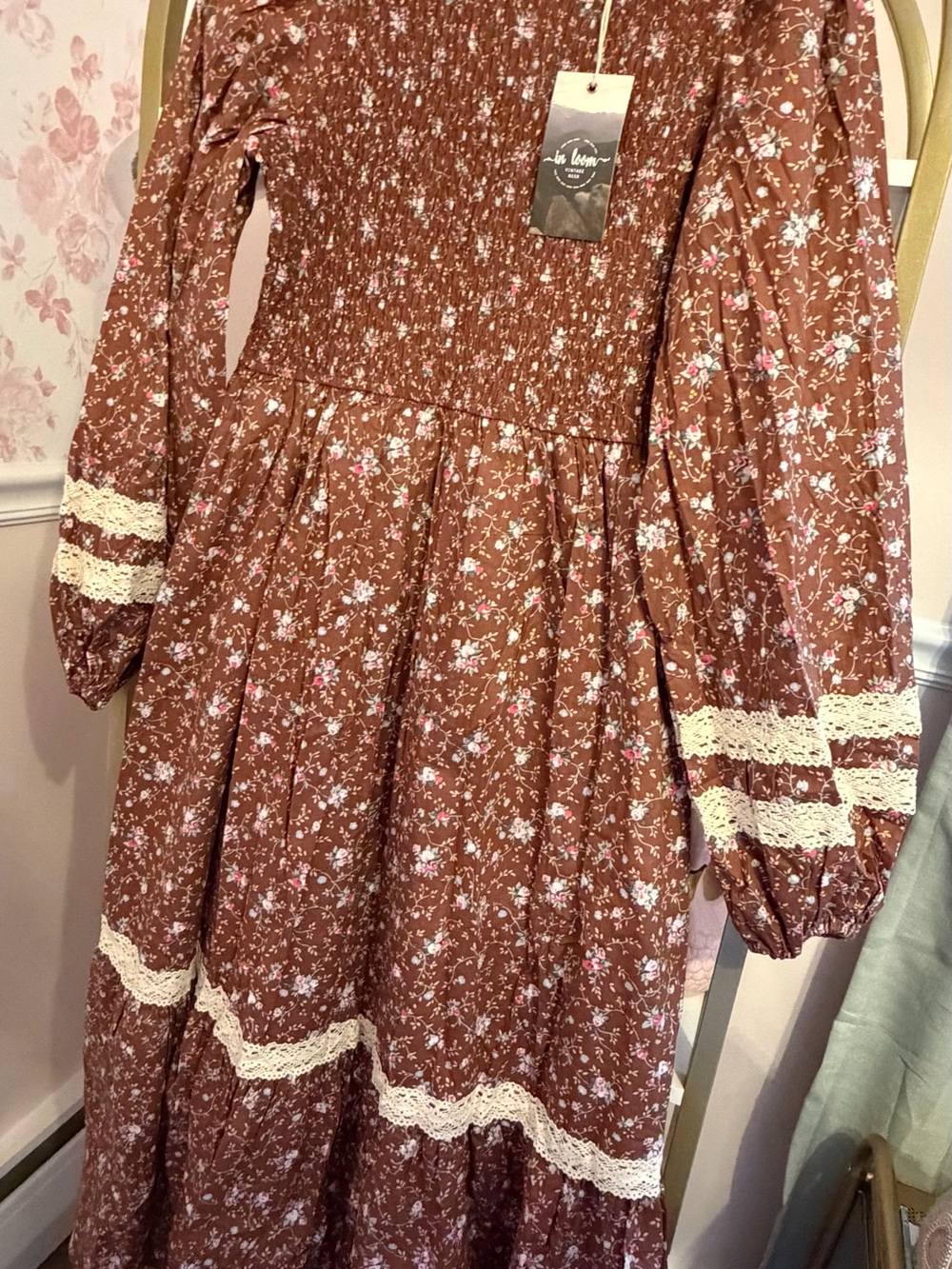In Bloom Brown Floral Smocked Dress with Cream Lace Trim
